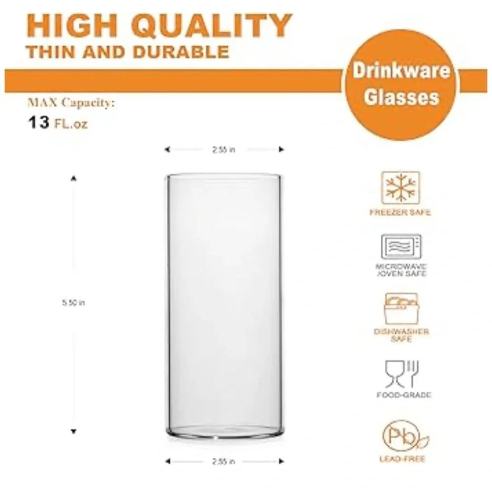 LUXU Drinking Glasses – Set of 4 Elegant 13 oz Highball Tumblers